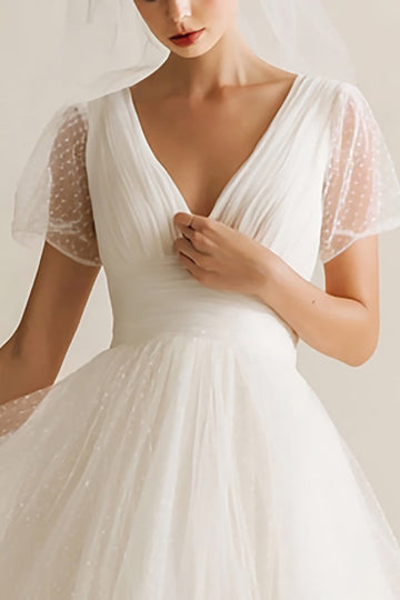 White V-Neck A Line Dotted Tulle Midi Wedding Dress